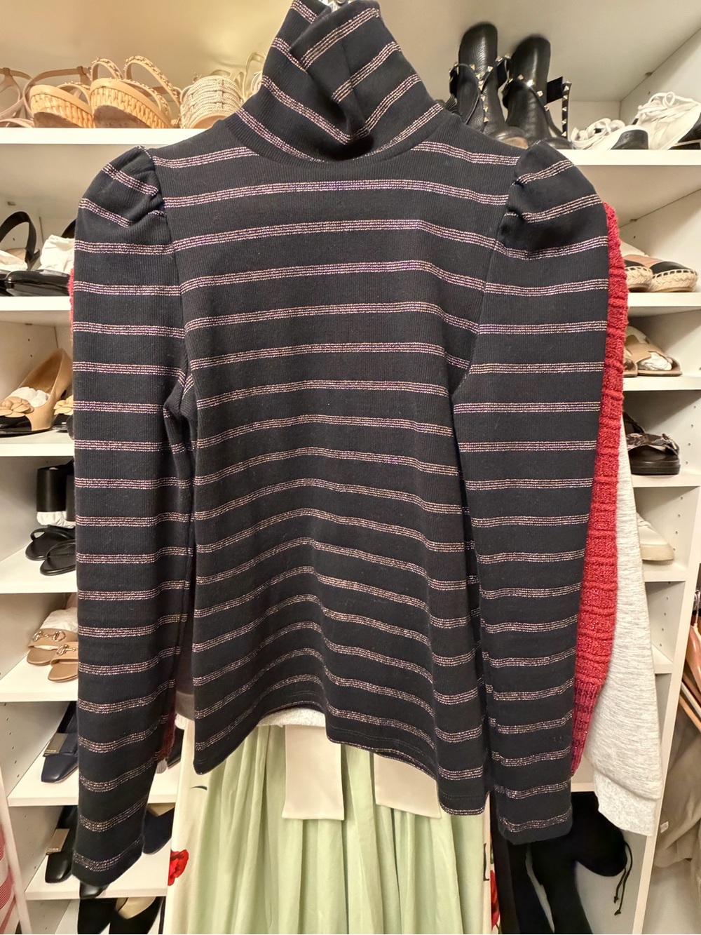 Veronica Beard Striped Turtleneck Sweater - Black with Metallic Stripes- small